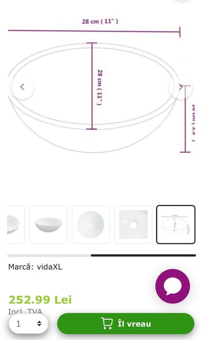 Chiuvetă ceramică rotundă dimanetrul 280mm vidaXL