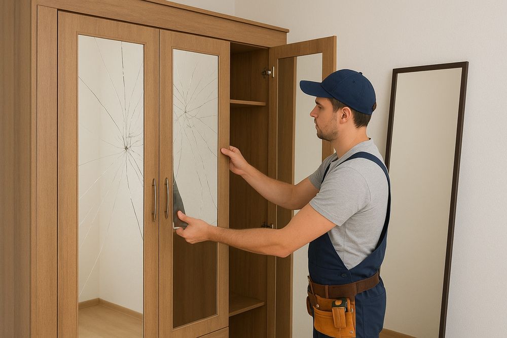 Ремонт шкафа купе. Замена зеркала. Ремонт домашней мебели