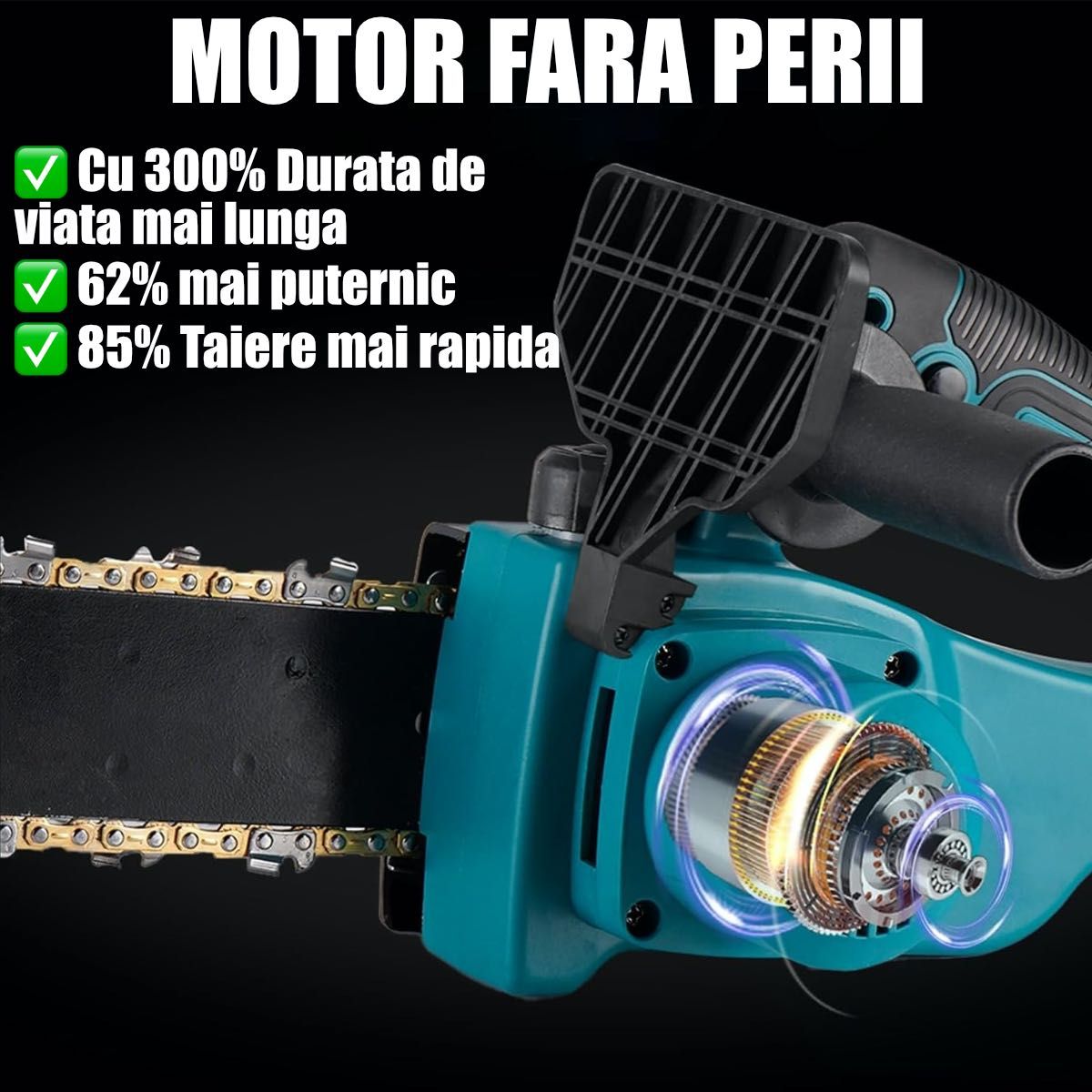 Mini drujba Dotvix, Motor fara perii, 1800W, 2 acumulatori, Lant-30cm
