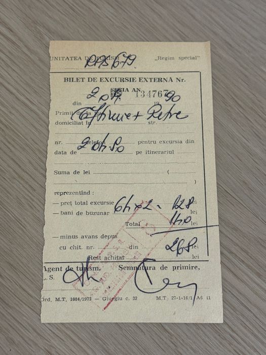 Bilet vechi pentru excursie externa in “Regim special”