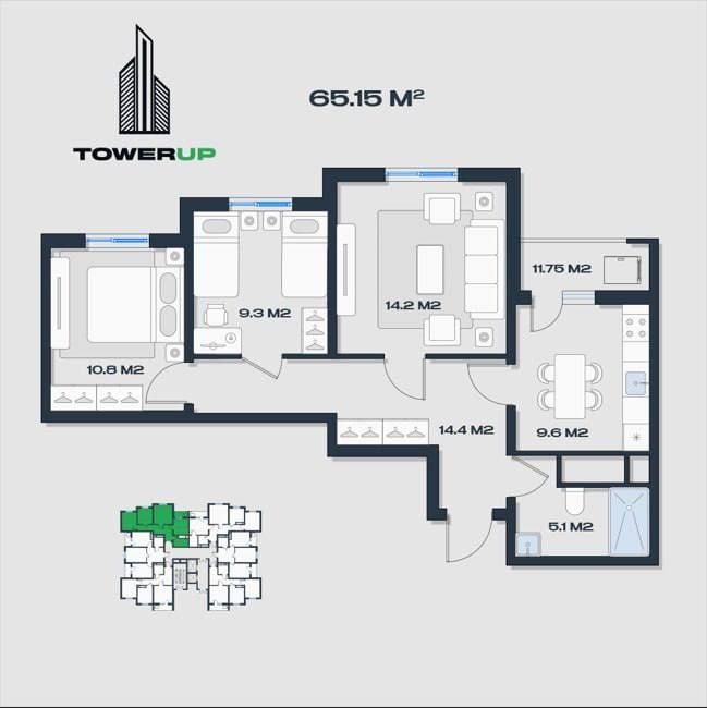 Продаётся 3/2/16 65,15м2 в ЖК Tower up, ор-р: моторный завод