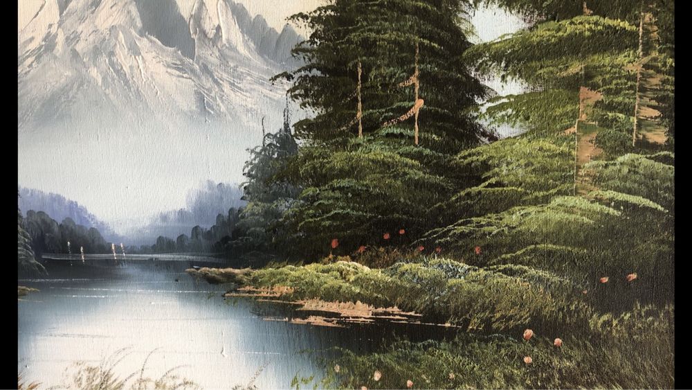 Tablou,pictura germana in ulei pe panza,lac de munte,semnata