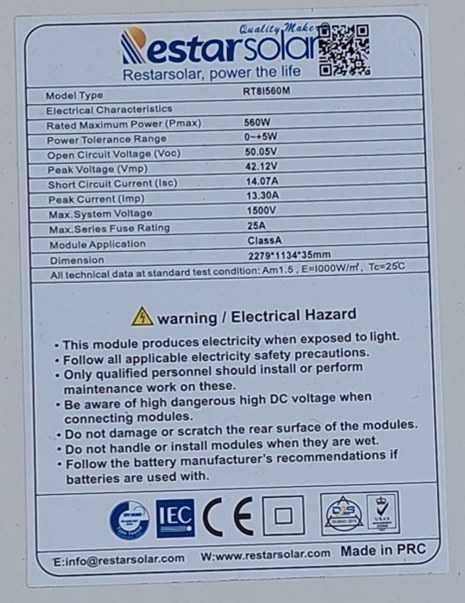 6 panouri fotovoltaice RestarSolar 560w monocristalin