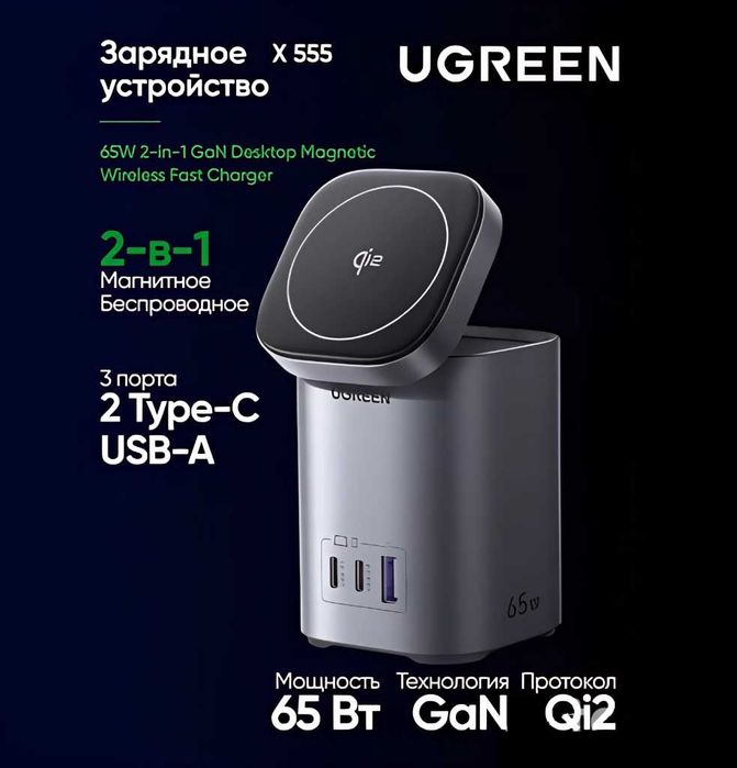 Ugreen 65W GaN Qi2 — Универсальная Зарядка 4-в-1. Есть доставка