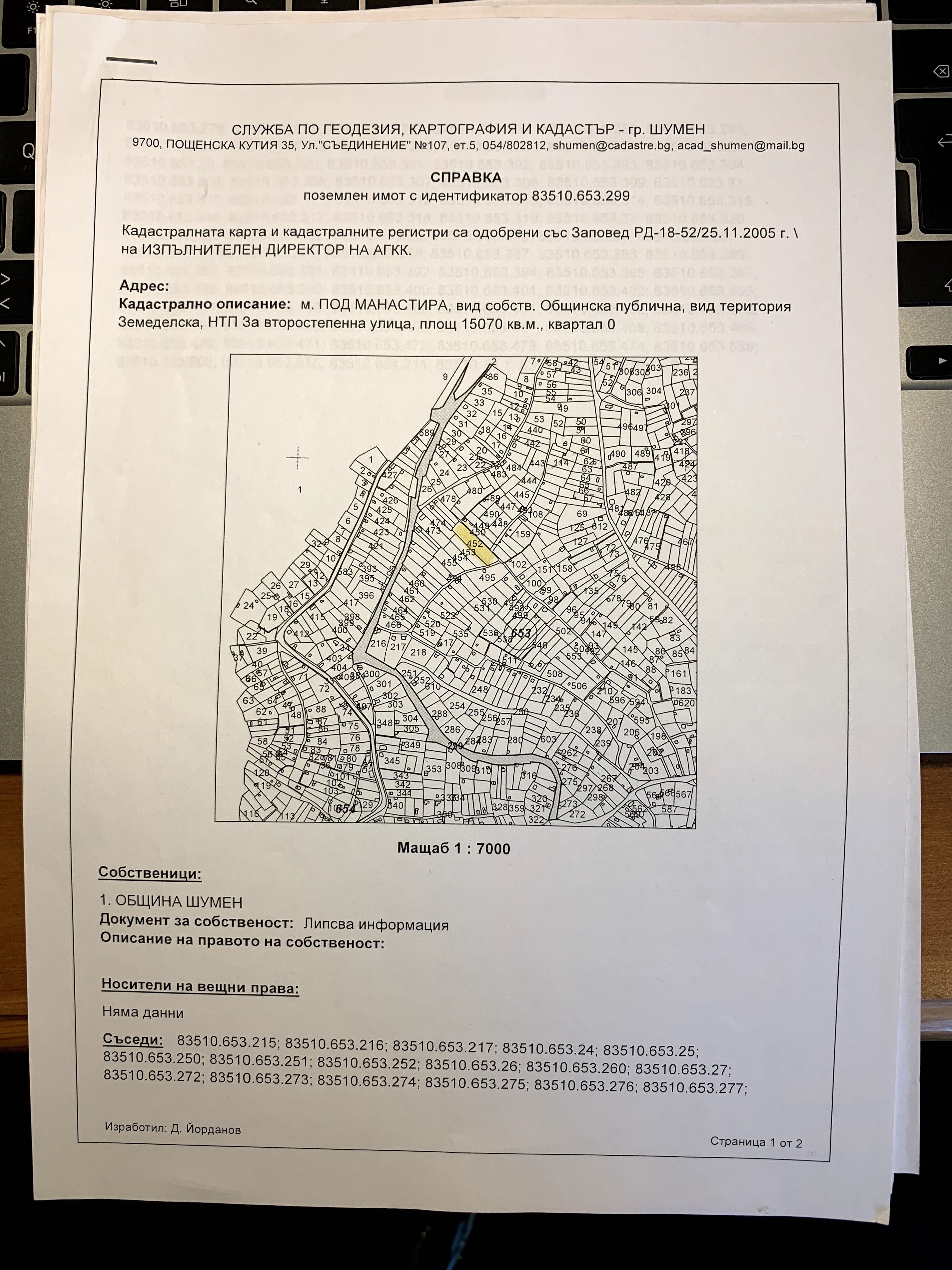 Парцел - 2203 м2 за строеж - местност Под манастира Шумен