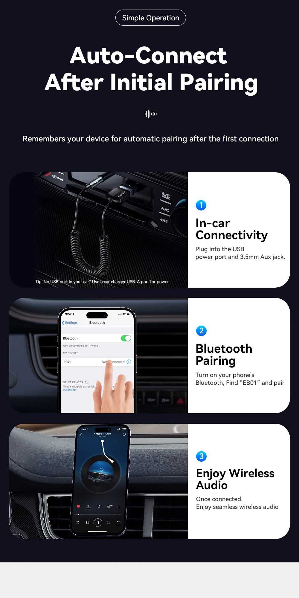 AUX кабел Безжичен Bluetooth 5.0 Аудио адаптер за автомобил