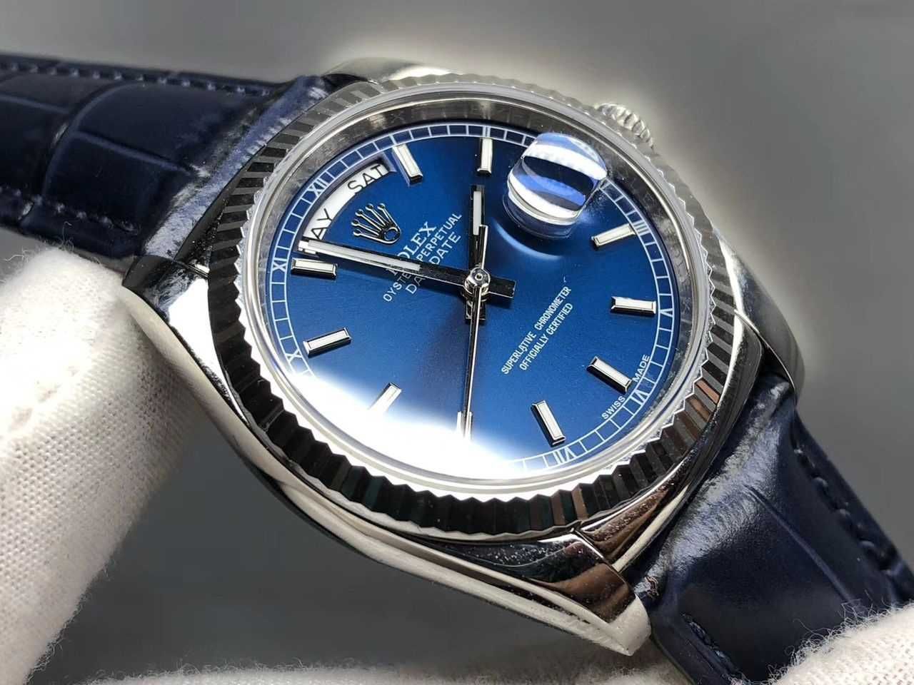 Rolex Day-Date 36 White Gold Fluted Bezel Blue Dial