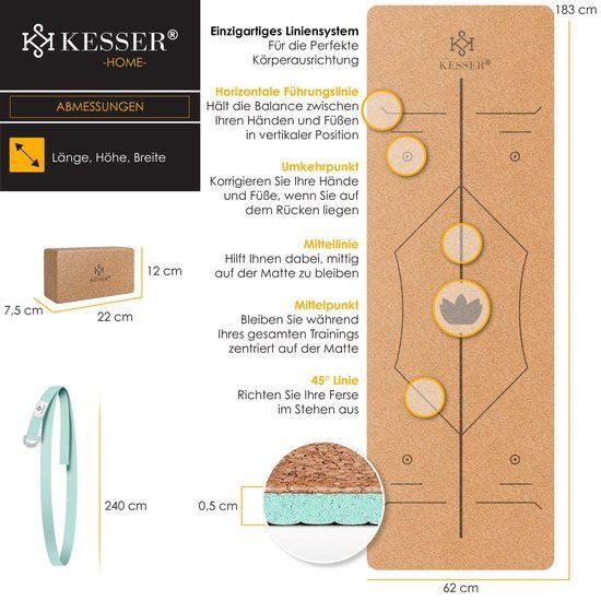 Коркова постелка за йога 183 х 62 см с блок и каишка , не плъзгаща