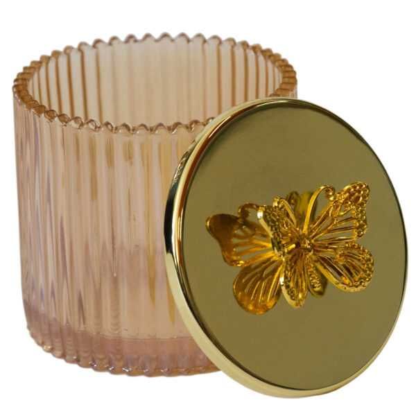 Буркан за свещ с капак „Пеперуда“ – релефно стъкло, 2 цвята