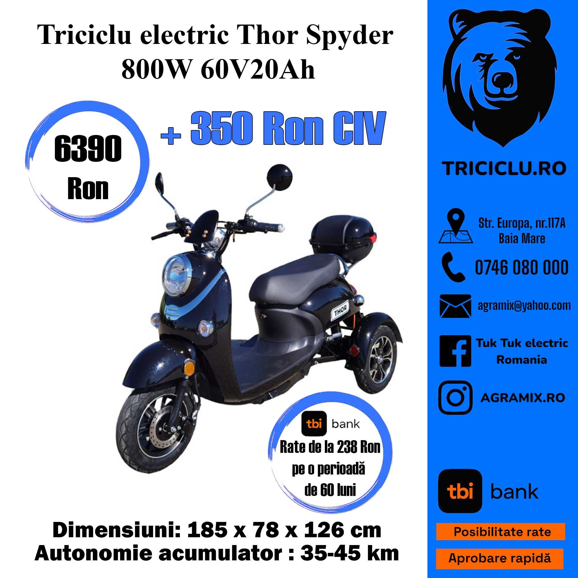 Tuk tuk Thor Spyder electric triciclu 800 W fara permis Agramix