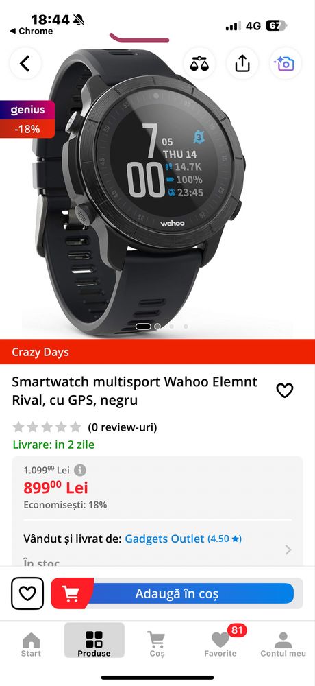 Ceas multisport smartwatch cu gps wahoo elemnt rival nou sigilat