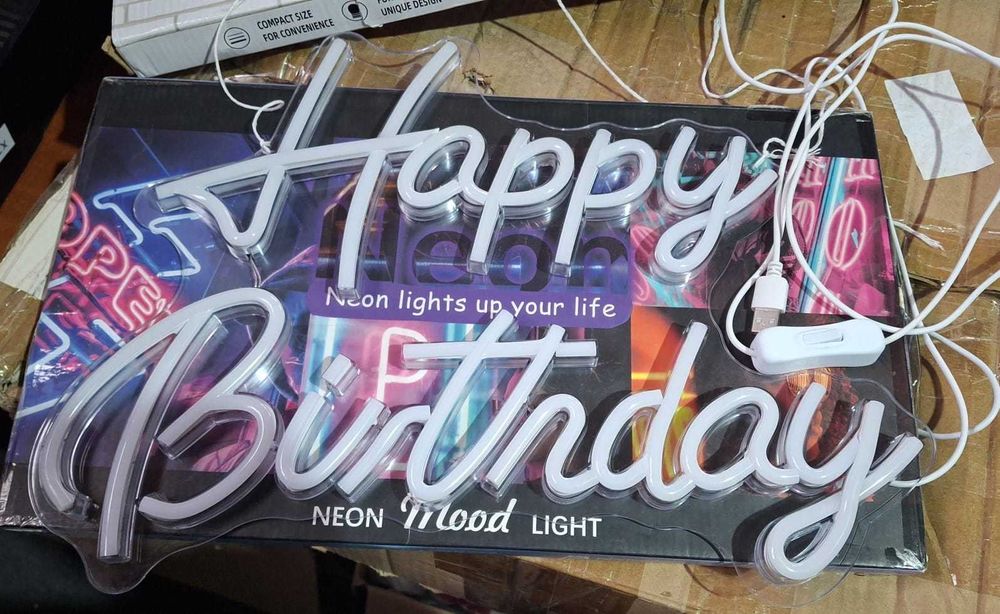 Lumina LED Neon, Happy Birthday, 42x32 cm, USB, alb cald