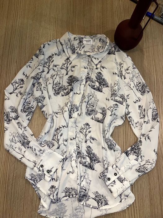 копринена бяла риза на диор dior с дъкъг ръкав сини дървета луксозна