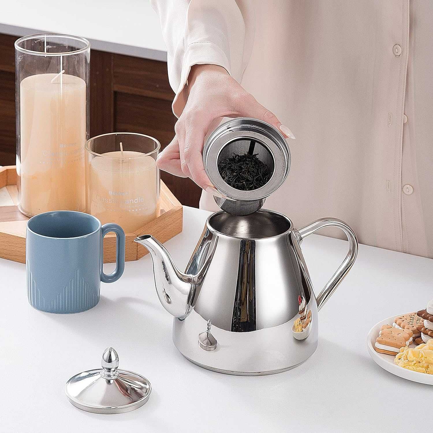 НОВ! Чайник от неръждаема стомана с цедка 1500ml