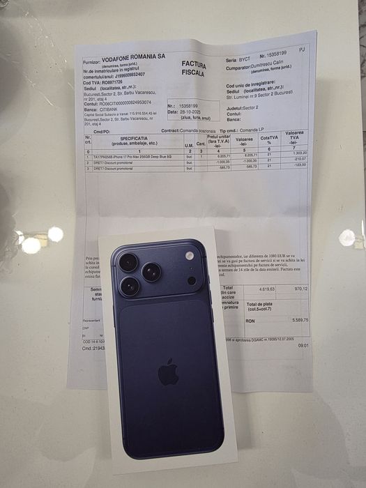 Iphone 17 Pro Max 5G Deep Blue 256Gb NOU Sigilat Factură 2ANI GARANȚIE