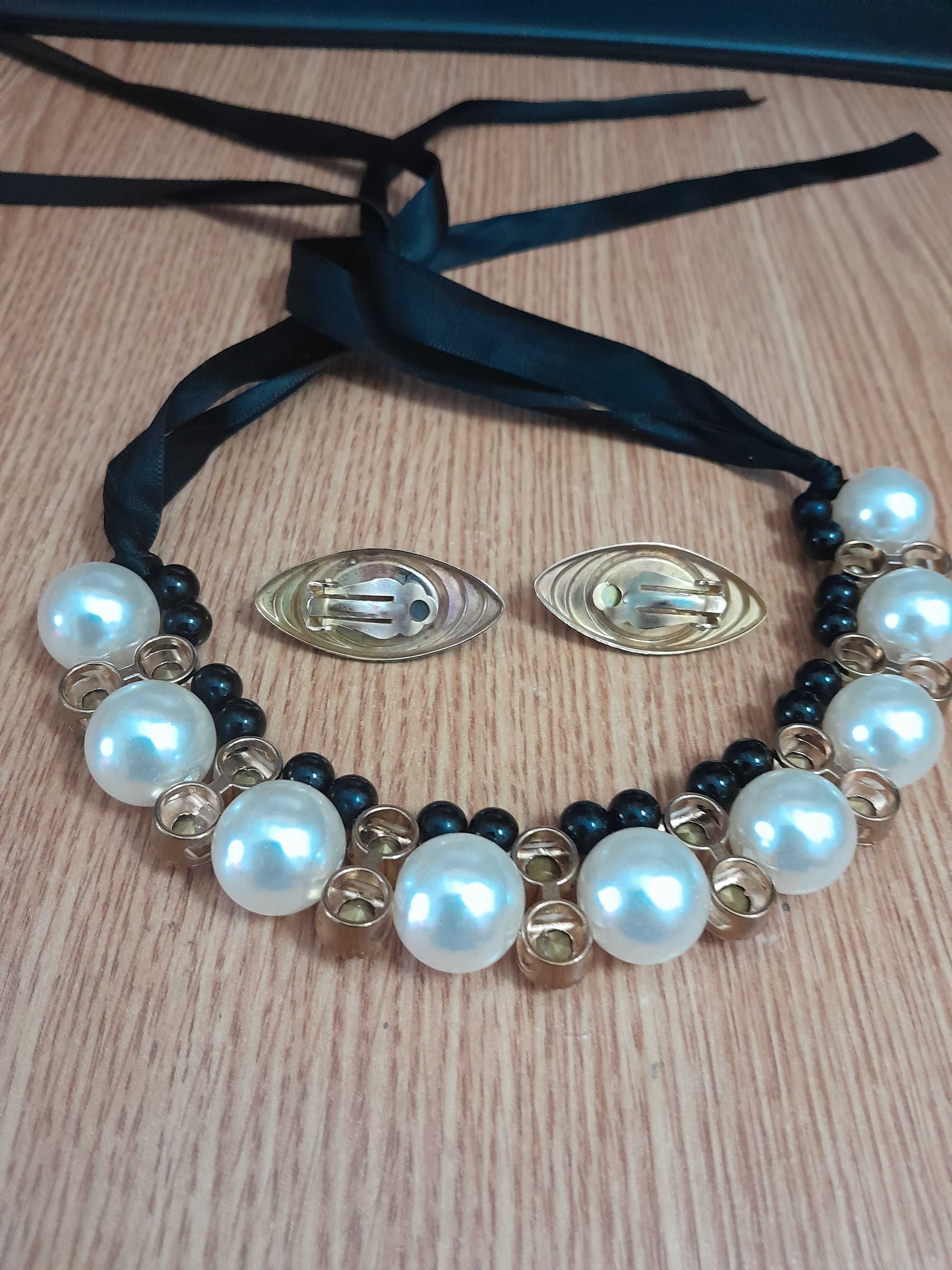 Set: colier fashion, cristale și perle pe șnur + cercei - metal galben