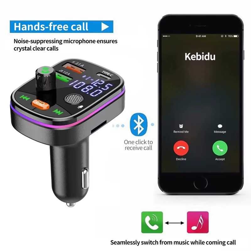 FM трансмитер KEBIDU 2xUSB 3.1A+Type-C зарядно за кола с MP3 Bluetooth