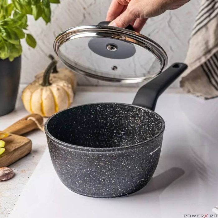 Cratita cu capac, din aluminiu turnat, marmorata, neagra, 16cm, 1.37l,