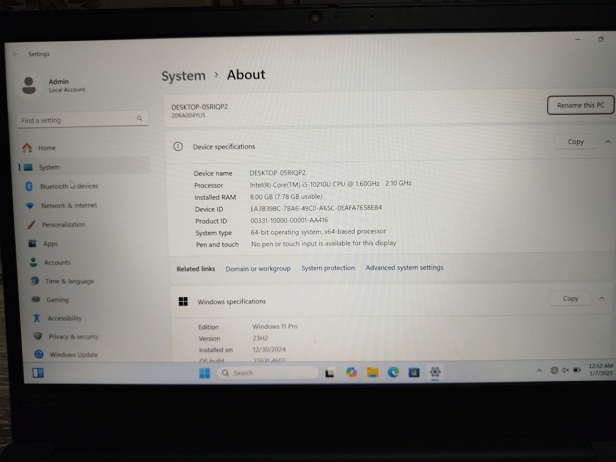 Lenovo i5-10210U(10-avlod) 8/256 TOUCH ID(otpechatka) bor