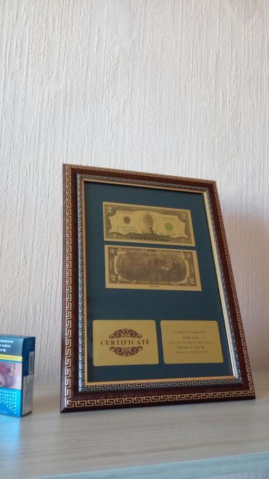 2 Долара Златни банкноти в рамка + 2 сертификата