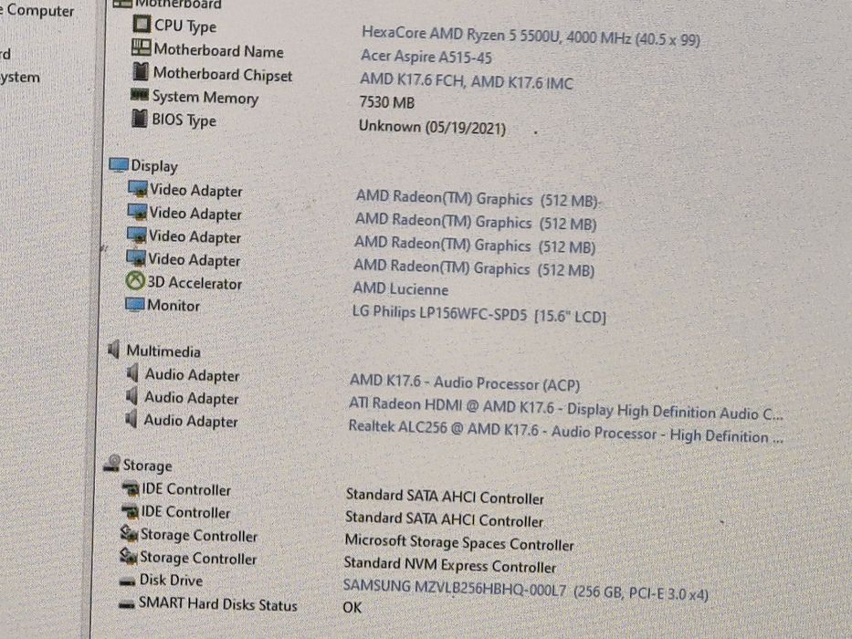 vand laptop Acer Aspire 515.15.6"FH.Ryzen 5 5500.8 Gb.Ssd 256 Gb