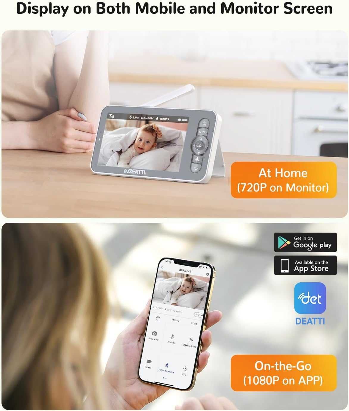 Бебефон DEATTI 200 метра обхват, 5-инчов дисплей, PTZ, приложение, APP
