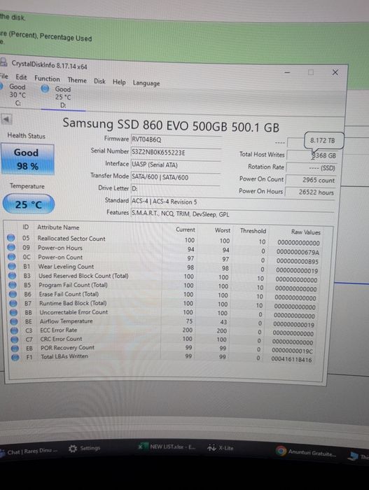 Okazie ‼️ SSD Samsung 500Gb sata3 - viata 98% cu Windows 10!