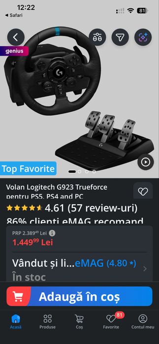 Scaun gaming Cockpit Challenge Actifit+Volan Logitech923 Trueforce PS5