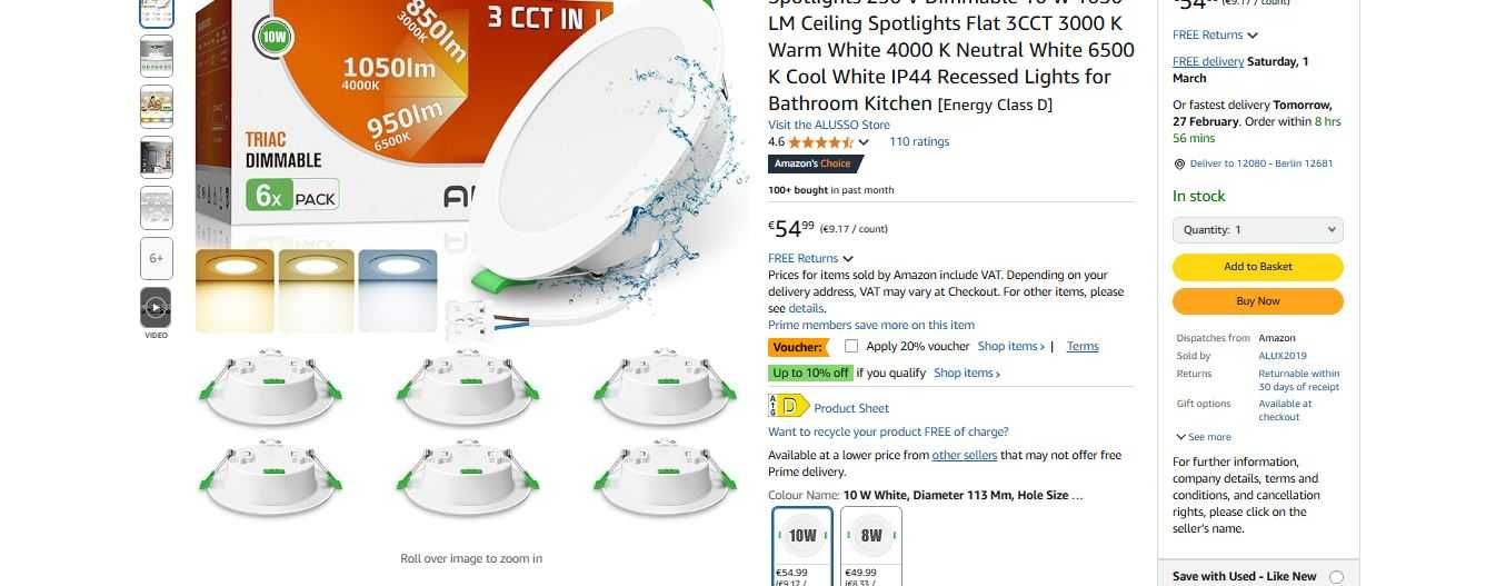 НОВИ! LED лунички, 10W, димируеми, 3 цветни температури, 6 бр/к-кт