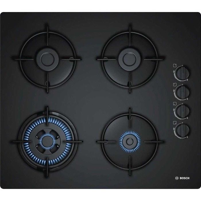 Вграден газов котлон Bosch POH6B6B10I, 4 горелки, стъкло, черен, 3300W
