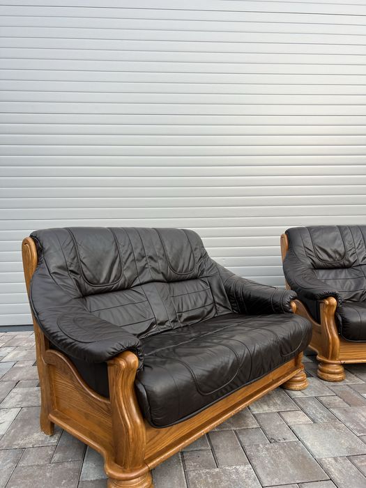 Set canapea canapele 3 - 2 - 1 Lemn Masiv + PIELE Naturala Rustic