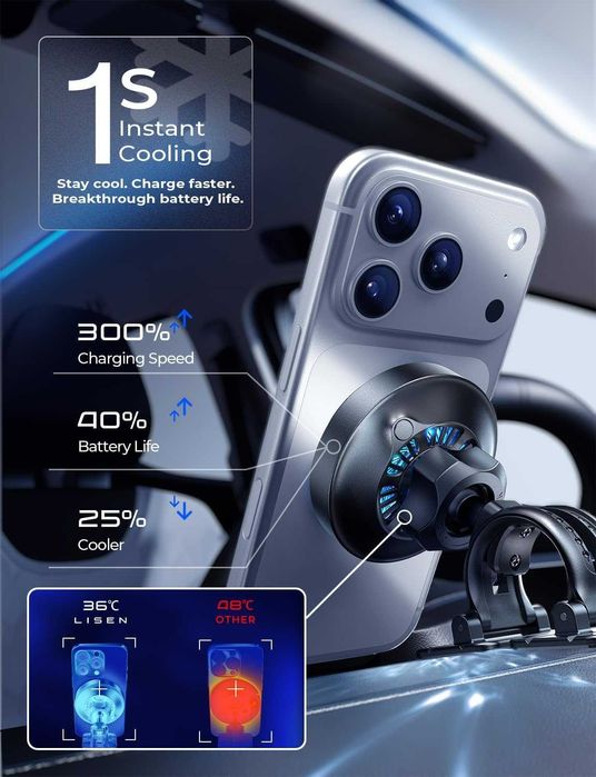 LISEN Qi2.2 25W MagSafe зарядно за кола, с вентилатор, 95W адаптер