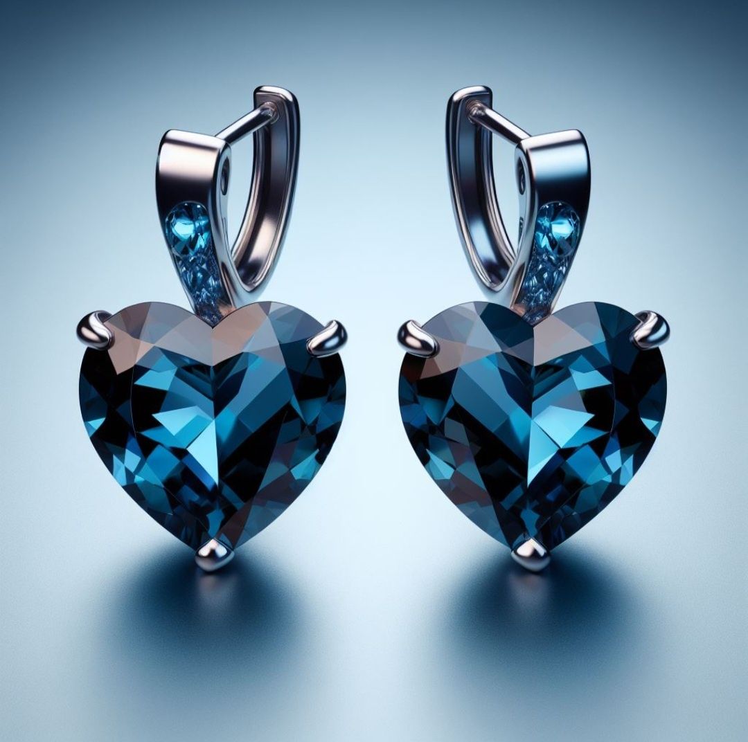 Topaz albastru natural VVS inima pereche     cercei , inel , aur ,