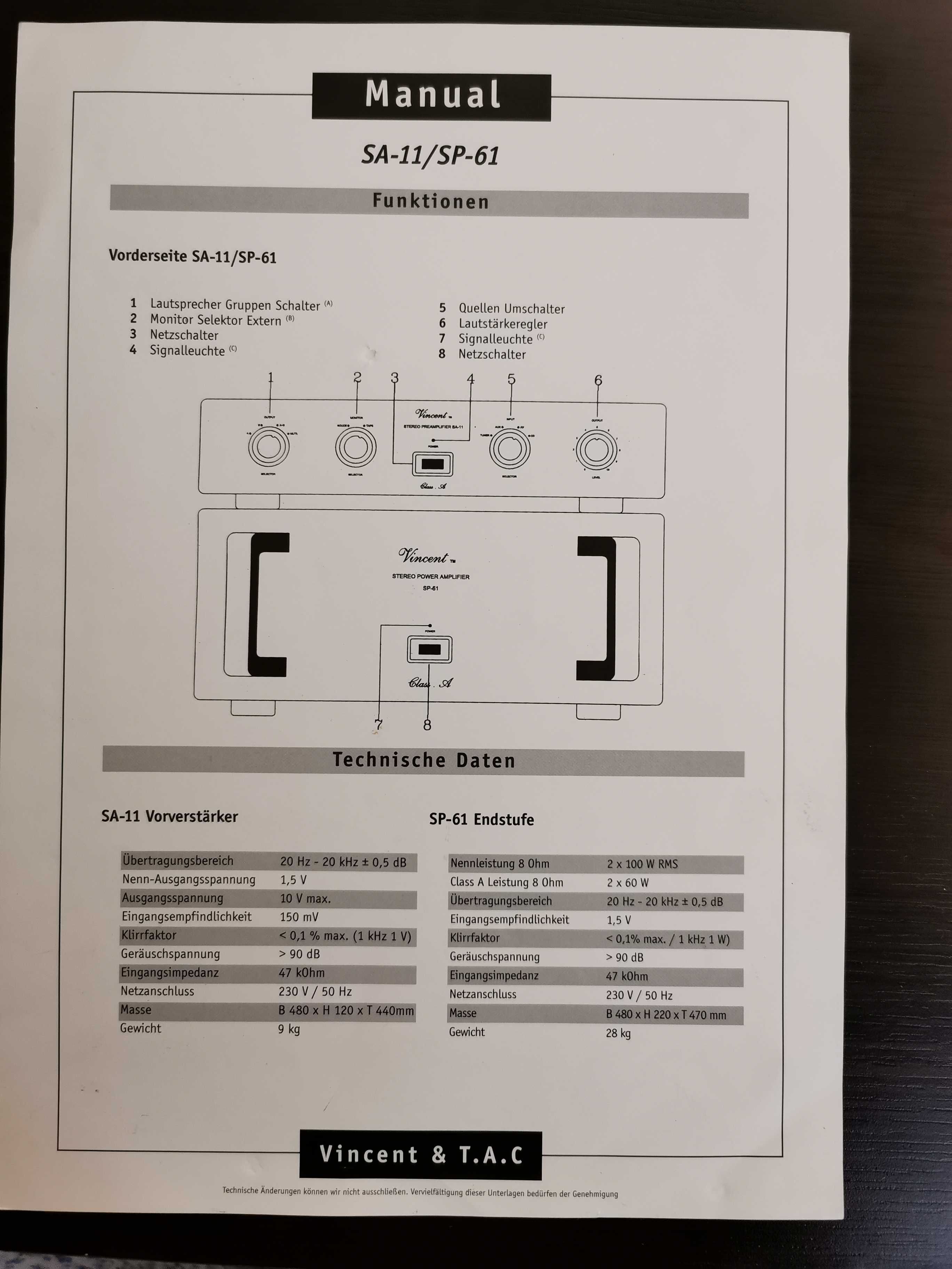 Vincent clasa A Preamplificator SA-11 și Final SP-61