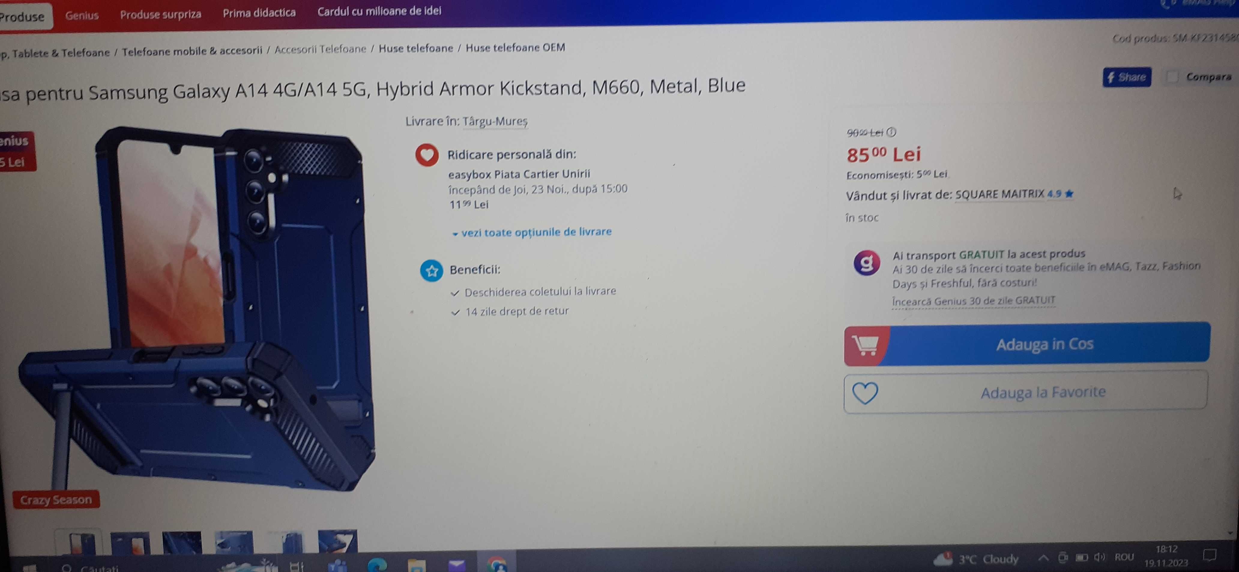Husa antisoc Samsung Galaxy A 14 Hybrid Armor Kickstand Metal Blue