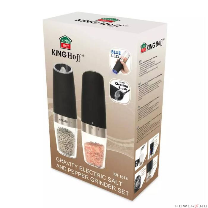 Set 2 rasnite electrice, pentru sare si piper, negru, Kinghoff