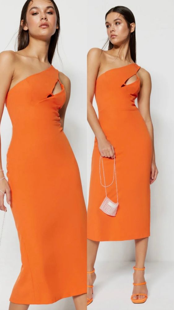 Trendyol оранжева рокля коктейлна рокля лятна рокля с една презрамка