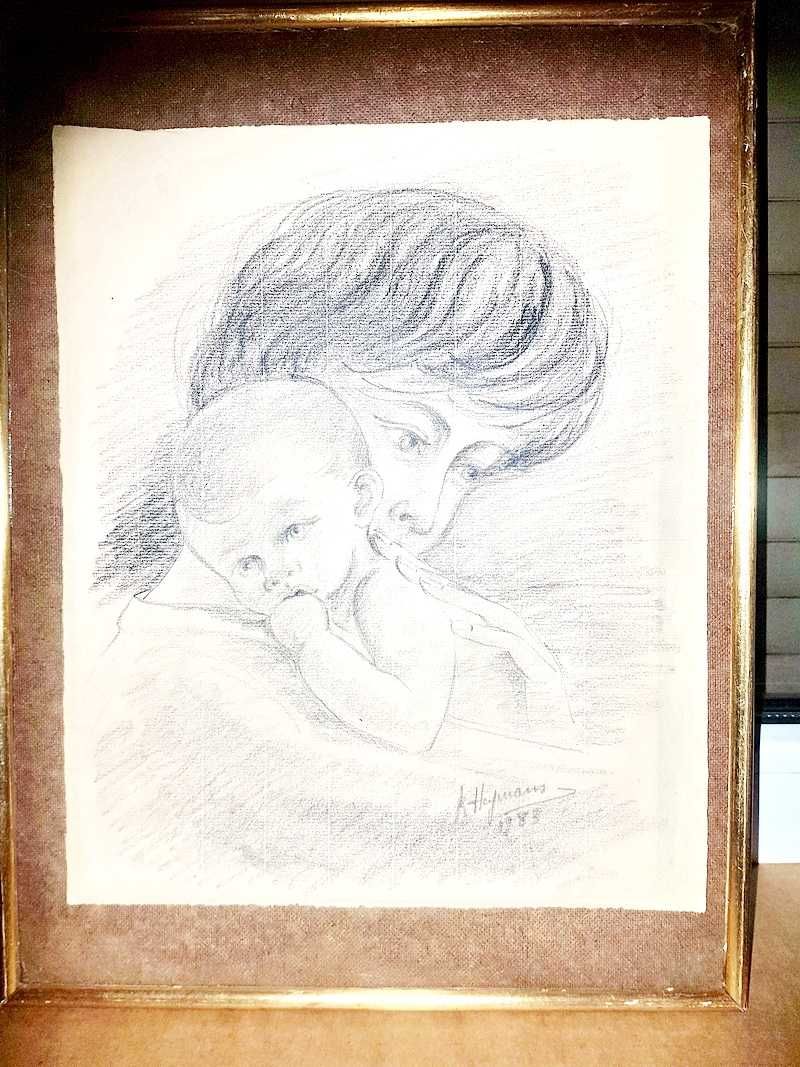 C338-Tablou creion mama cu copil A. Hofmann 1983.