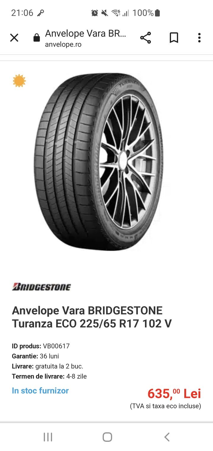 Anvelope vara Bridgestone 225/ 65 R17  102 V (set 4 anvelope 2000 lei)