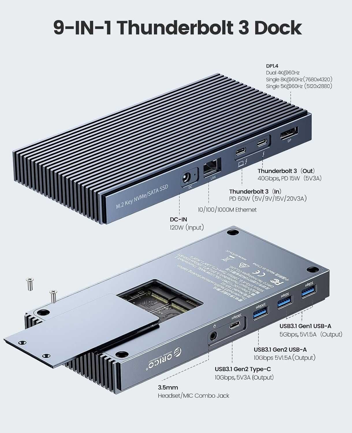 ORICO-TB3-S2 Докинг станция Thunderbolt 3 9-в-1 с два M.2