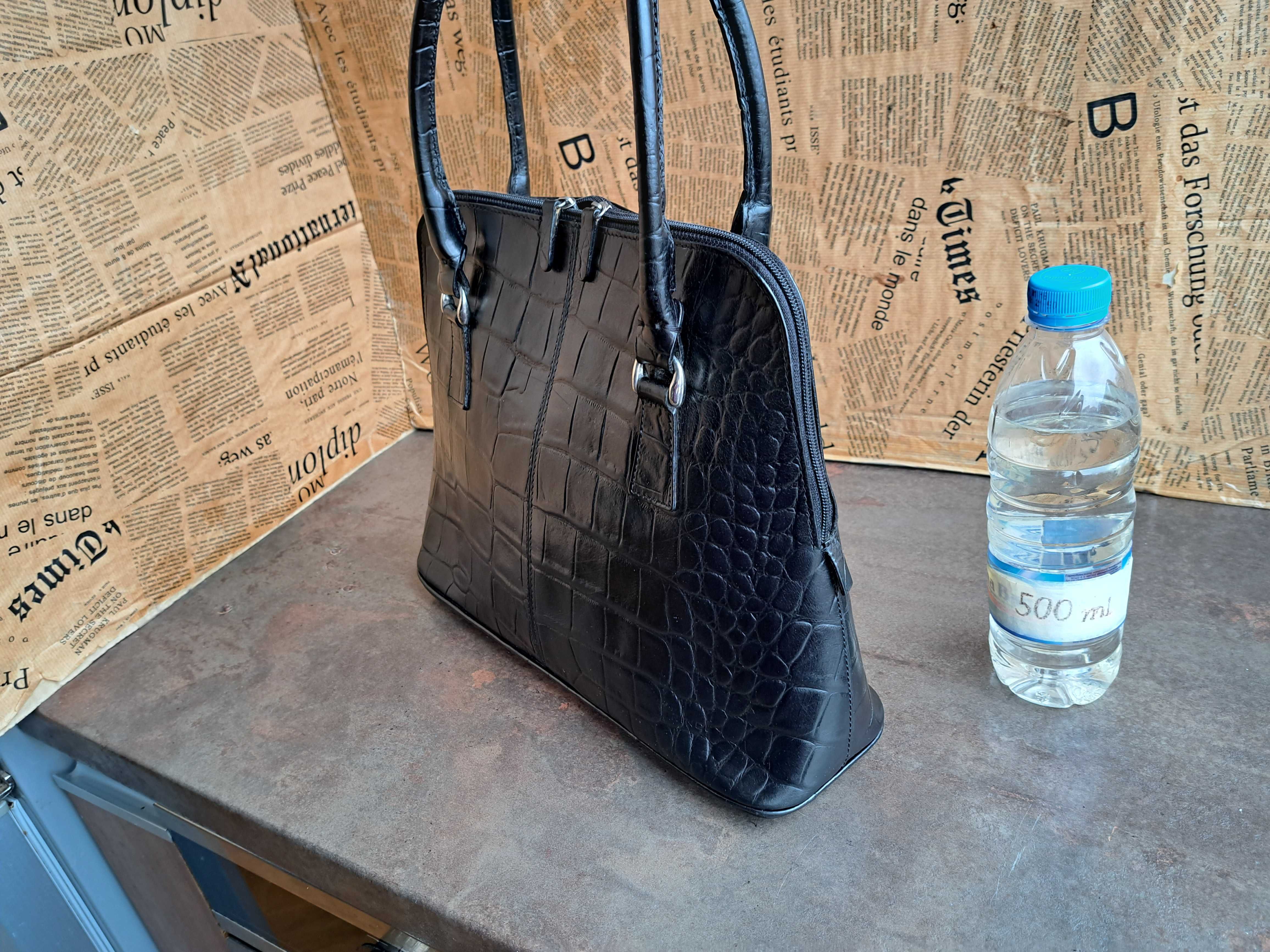PRINCE/черна кожена чанта-естествена кожа тип крокодил