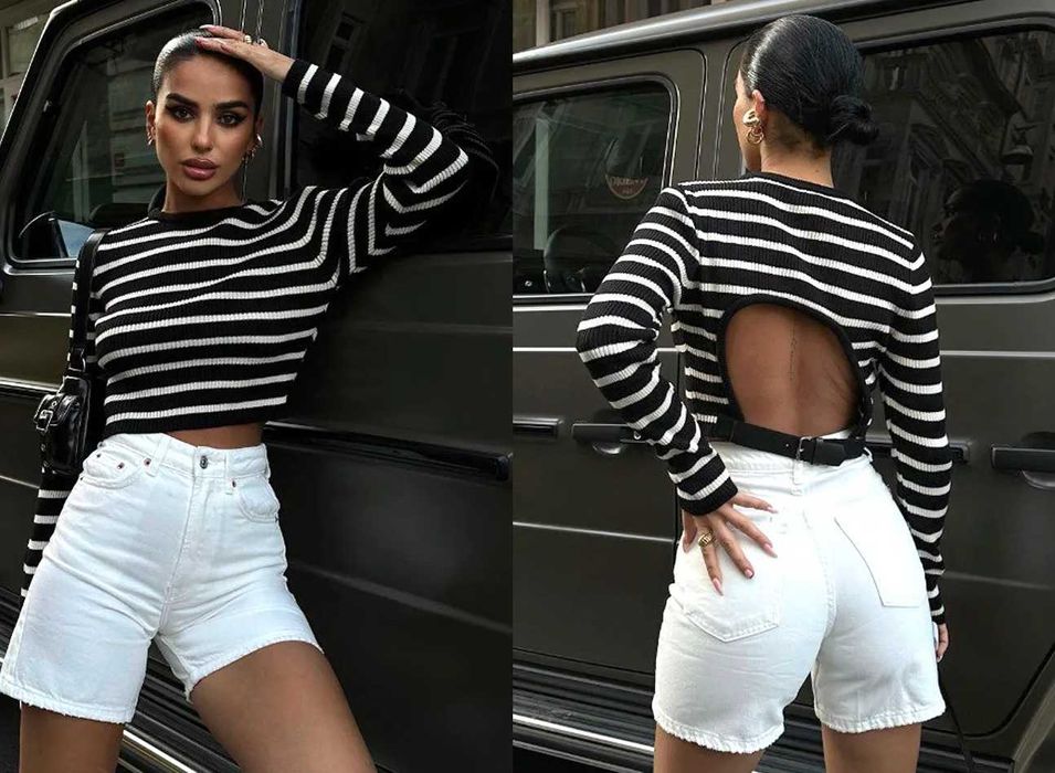 Раирана блуза с ефектен гол гръб с кожен колан