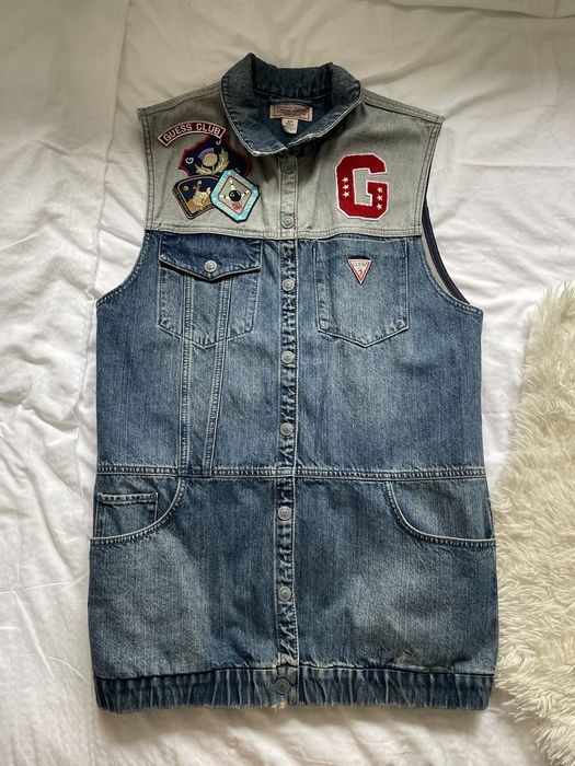 Vesta lunga denim (blugi) Guess cu logo si aplicatii