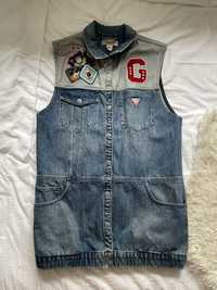 Vesta lunga denim (blugi) Guess cu logo si aplicatii