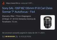 Sony SAL-135F18Z 135mm f/1.8 Carl Zeiss Sonnar T* Autofocus