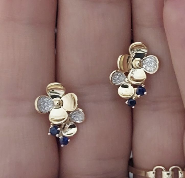 Cercei aur 14k diamante si safire