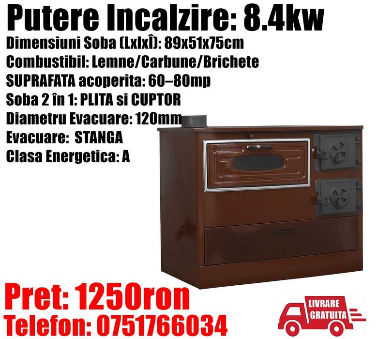 Soba Incalzit Gatit Lemne Plita Cuptor Sertar 8.4 kw LivratGRATUIT BV
