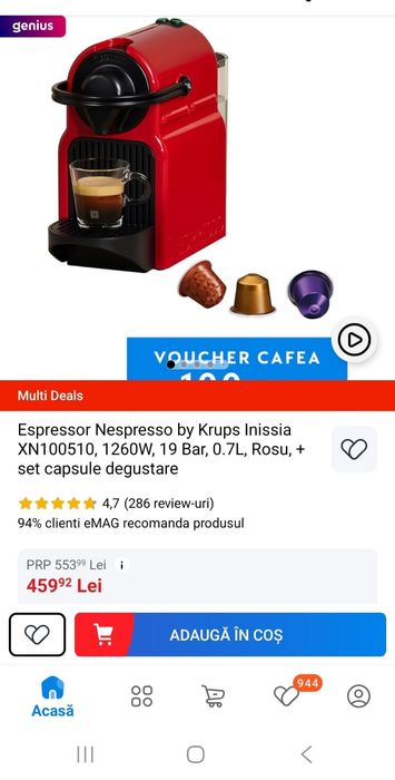 Espressor Nespresso Inissia rosu, stare excelenta