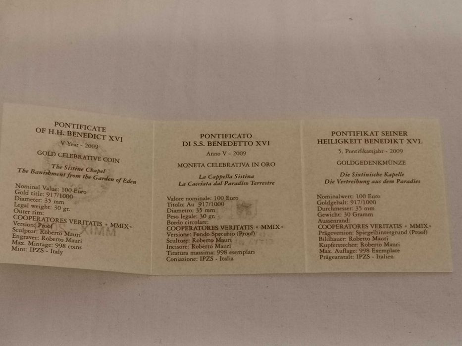 Moneda aur Vatican 2009 100 euro Papa Sistine Chapel Expulsion Heaven