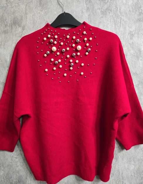 Pulover dama Orsay, croi lejer, rosu-burgundia cu aplicații perle